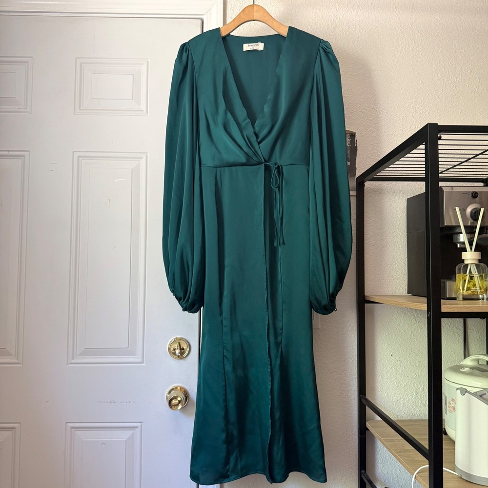 HOUSE OF CB emerald green satin peasant‎ puff balloon sleeve midi wrap dress